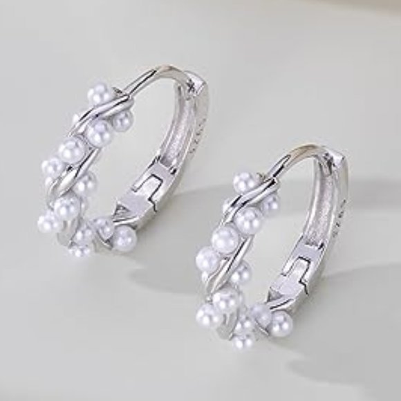 Silver Pearl Twist Vines Hoops Pretty Wedding Little Hoop Earrings Pearls New - Picture 3 of 8